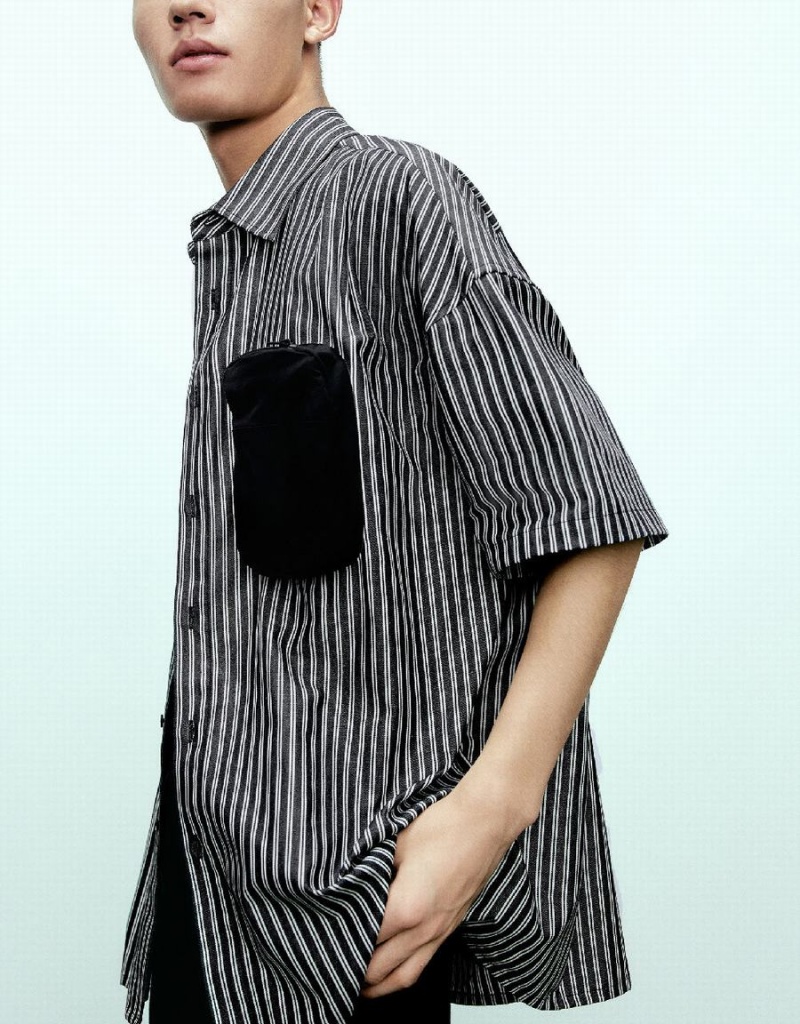 Grey Men's Urban Revivo Striped Loose Shirts | GVB512SX