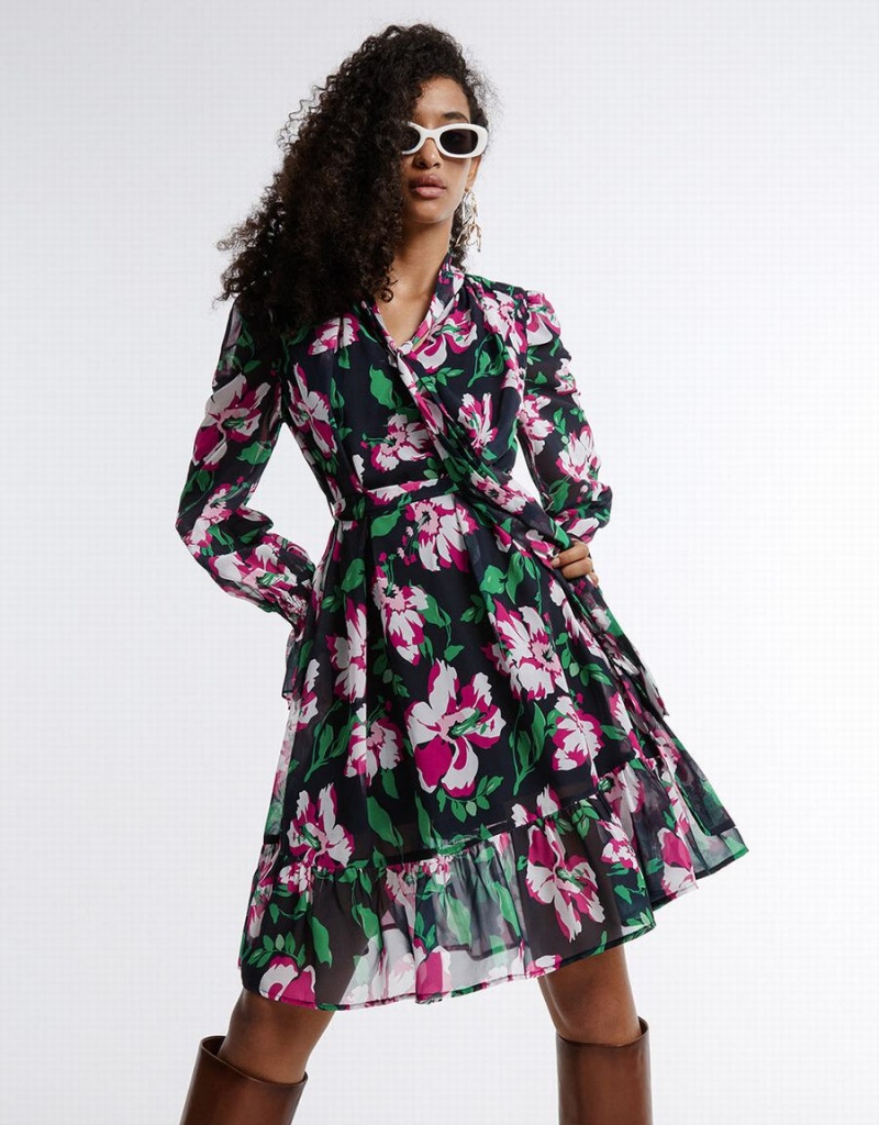 Grey Women's Urban Revivo Belted Floral Chiffon Print Dress | CHB9029XO