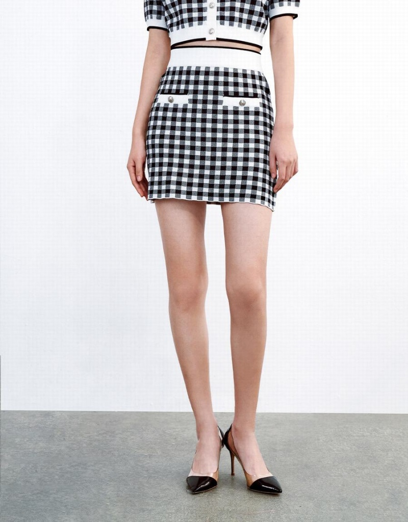 Grey Women's Urban Revivo Checkered Knitted Skirts | FCS4913OJ