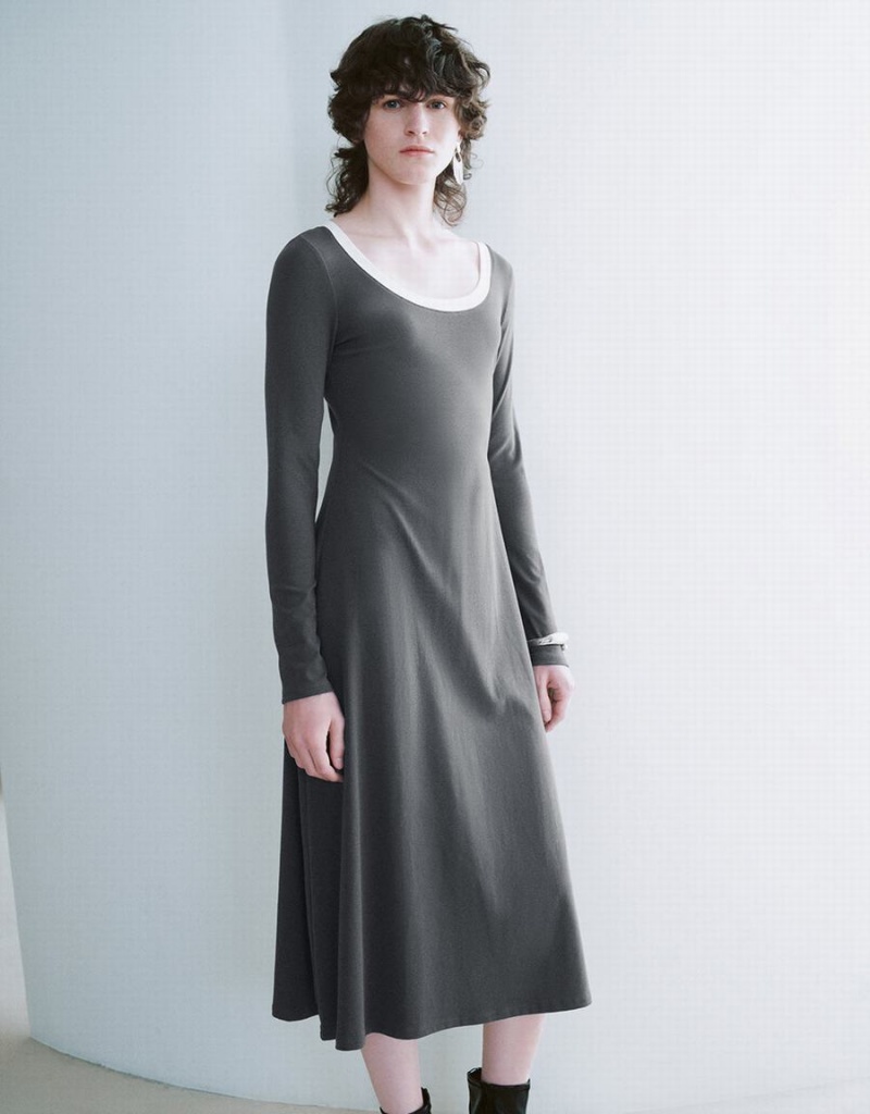 Grey Women's Urban Revivo Crew Neck A-Line Dress | YNL1012RH