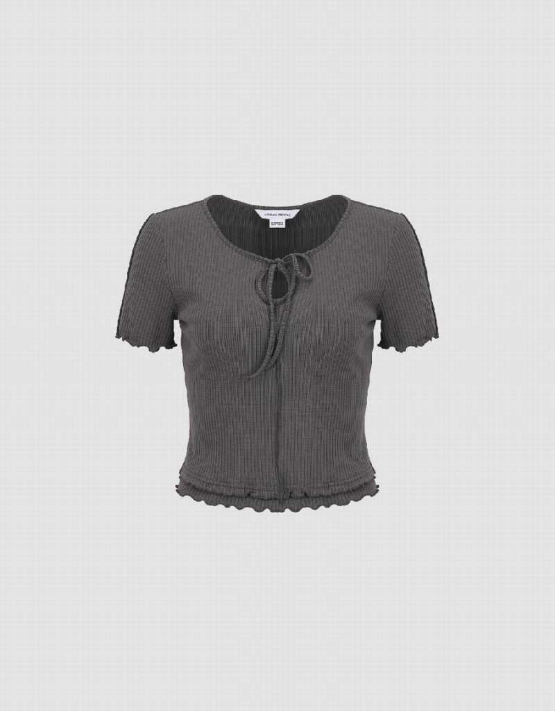 Grey Women\'s Urban Revivo Frill Trim Tie Front Knitted T Shirts | IBF5069OX