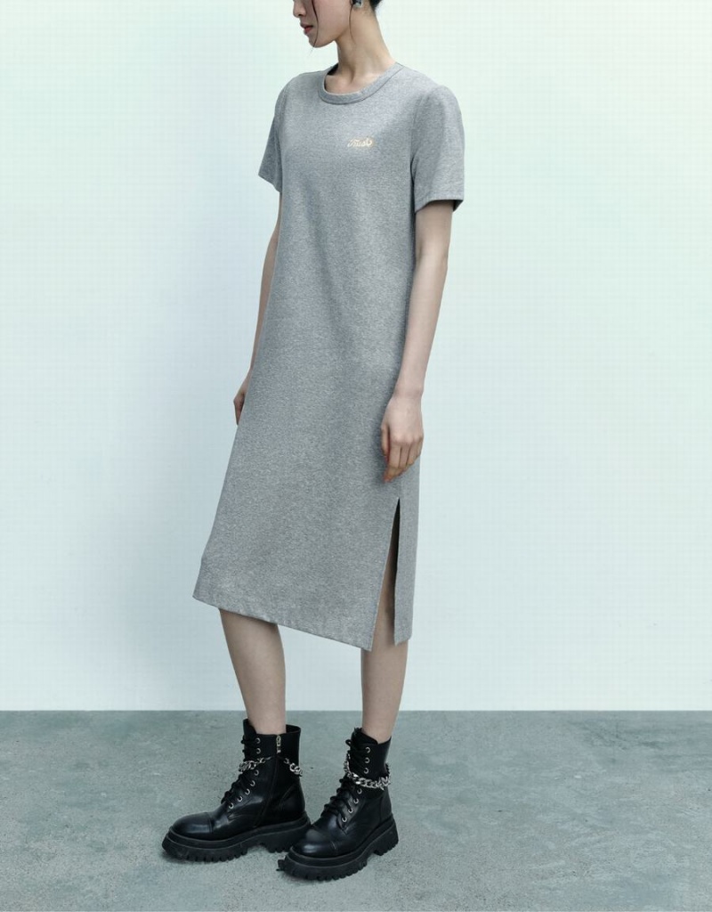 Grey Women's Urban Revivo Letter Printed Crew Neck Straight Dress | XGL7027GI