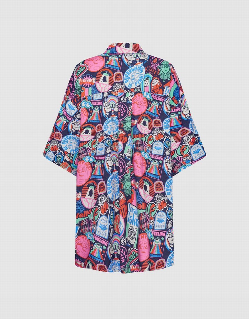 Grey Women's Urban Revivo Minions Allover Print Button Up Shirts | RZA843JK