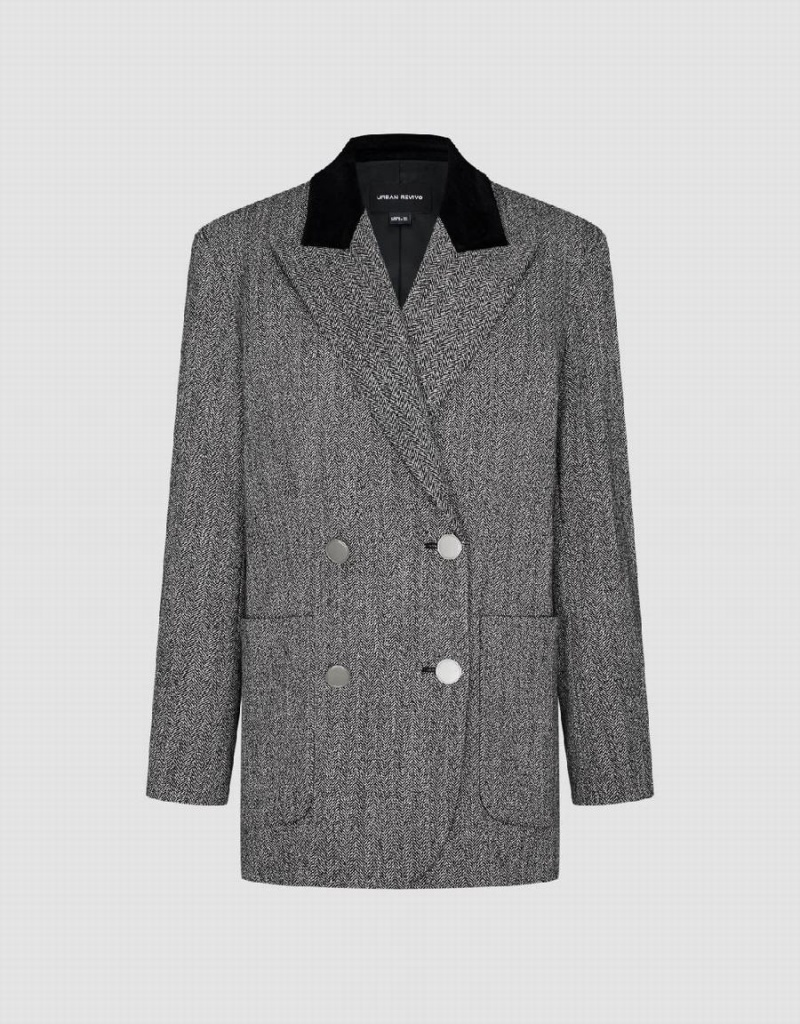 Grey Women's Urban Revivo Peak Lapel Double Breasted Blazers | EVZ1093SZ