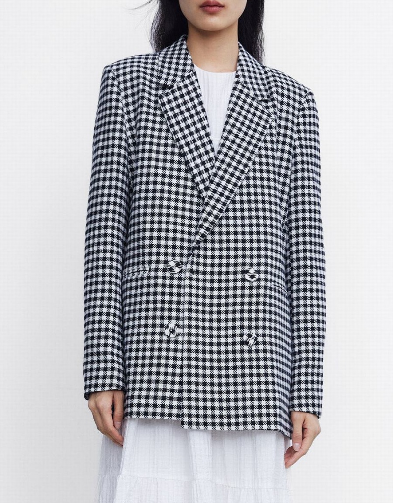 Grey Women's Urban Revivo Plaid Double Breasted Blazers | PVU4185IQ