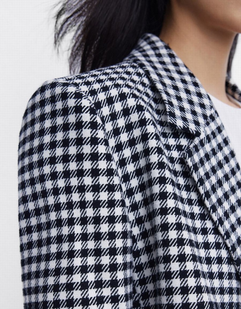 Grey Women's Urban Revivo Plaid Double Breasted Blazers | PVU4185IQ