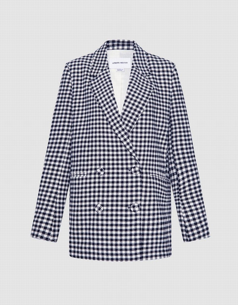 Grey Women\'s Urban Revivo Plaid Double Breasted Blazers | PVU4185IQ