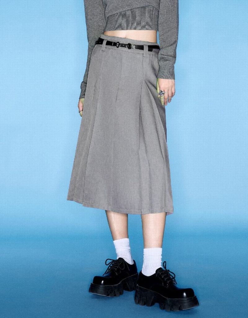 Grey Women's Urban Revivo Pleated Midi A-Line Skirts | ONG8796HL