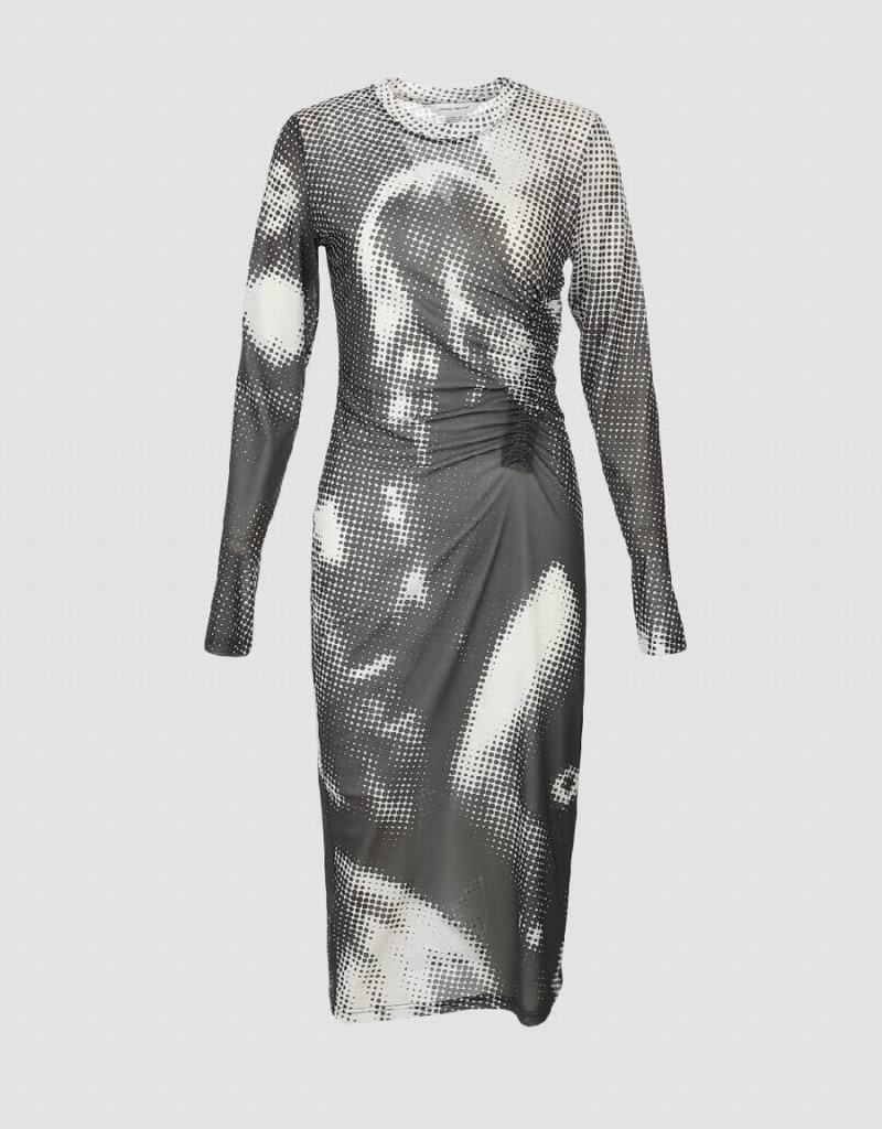 Grey Women's Urban Revivo Ruched Printed Midi Dress | WYC9624DY