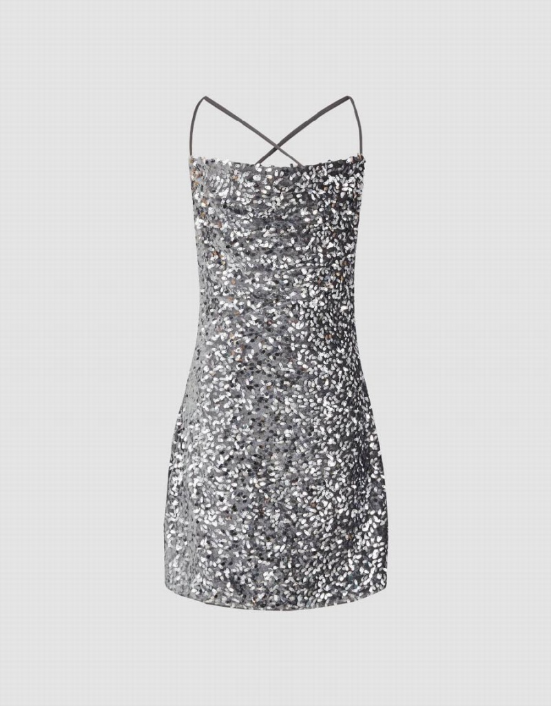 Grey Women's Urban Revivo Sleeveless Cowl Neck Skinny Sequins Dress | PIT9038LN