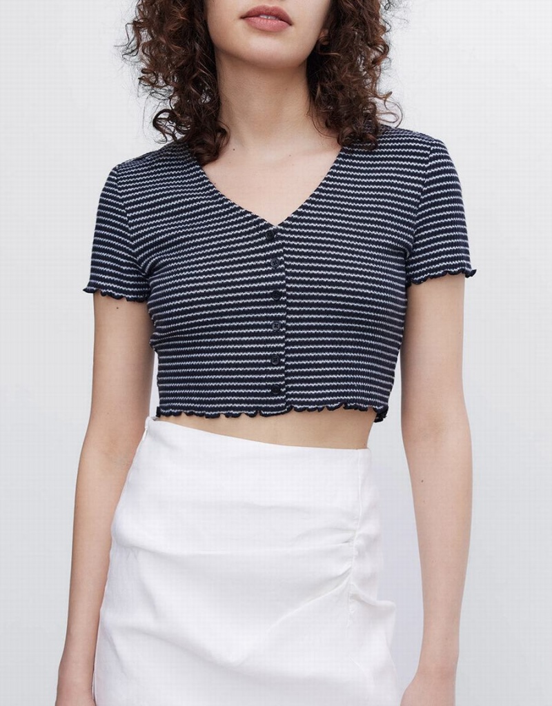 Grey Women's Urban Revivo Striped Crop T Shirts | MOF6811WL