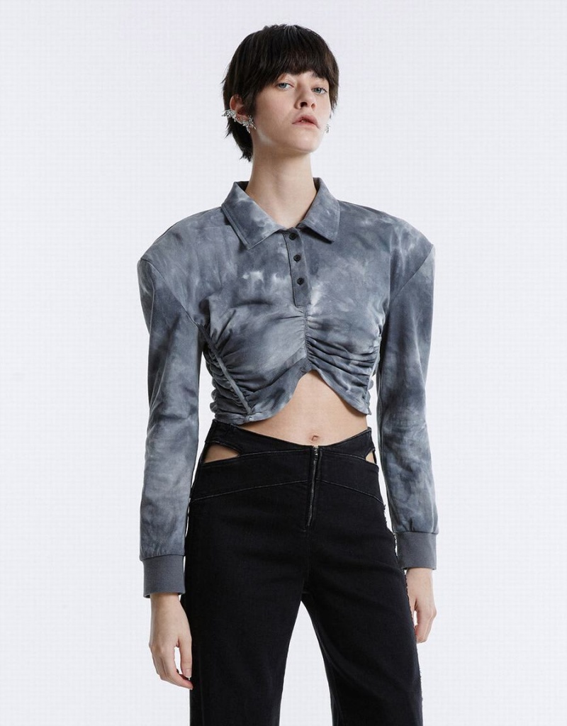 Grey Women's Urban Revivo Tie-Dye Ruched Crop Blouse | HGI1012SR