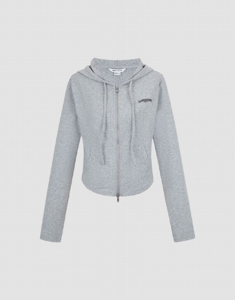 Grey Women's Urban Revivo Zipper Front Knitted Hooded Jackets | EGC591FC