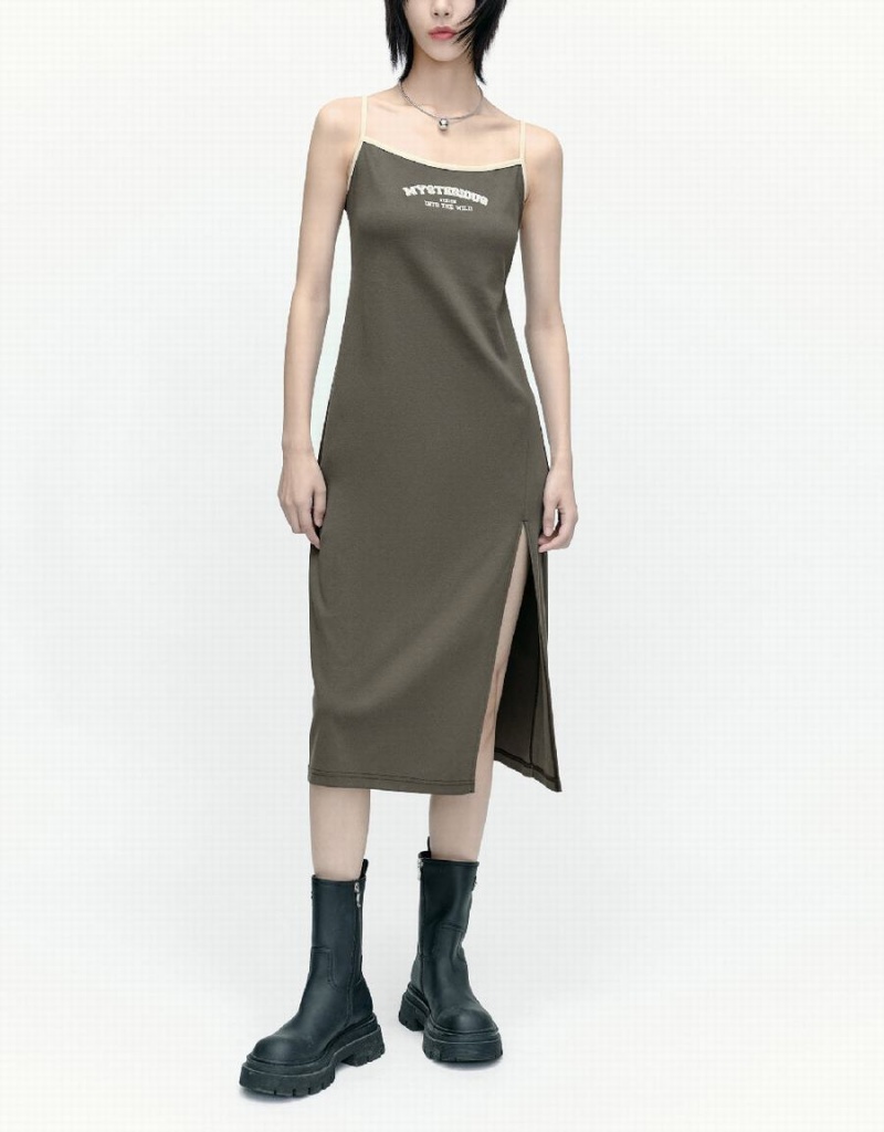 Khaki Brown Women's Urban Revivo Sleeveless U Neck Skinny Dress | WTV4958WI