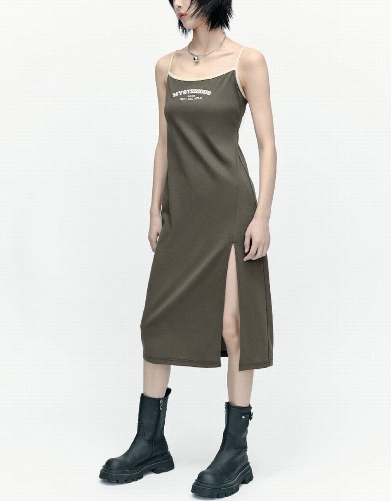 Khaki Brown Women's Urban Revivo Sleeveless U Neck Skinny Dress | WTV4958WI