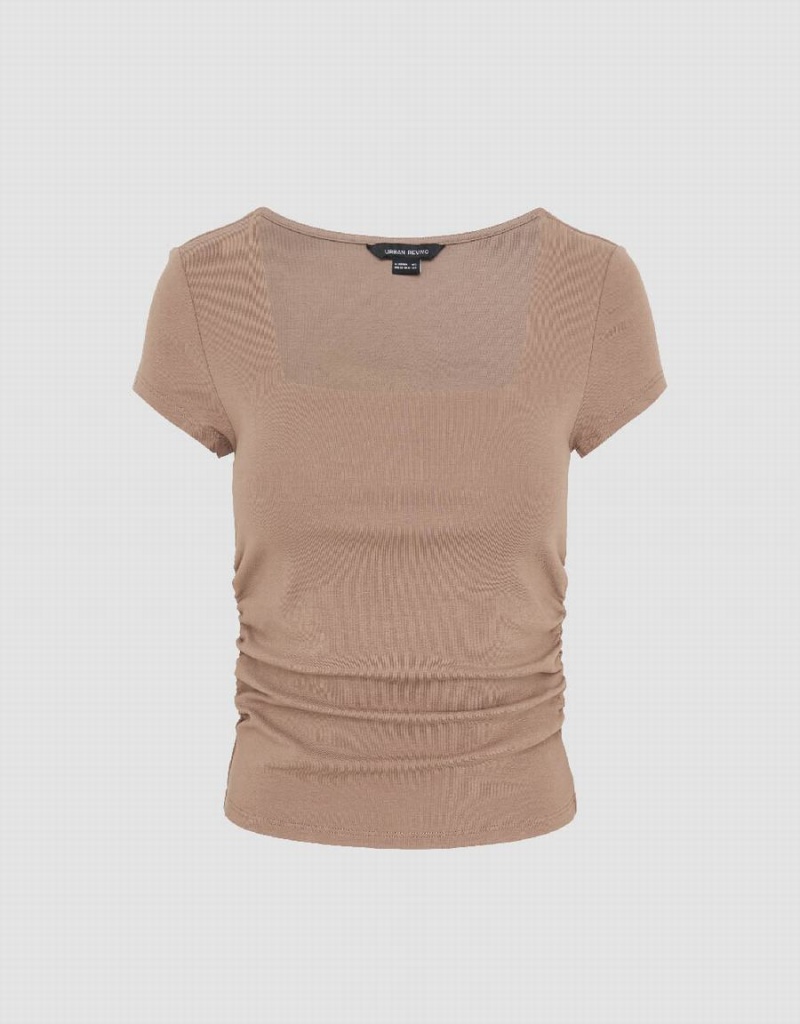 Khaki Brown Women's Urban Revivo Square-Cut Collar Skinny Knitted T Shirts | XSV6974GH