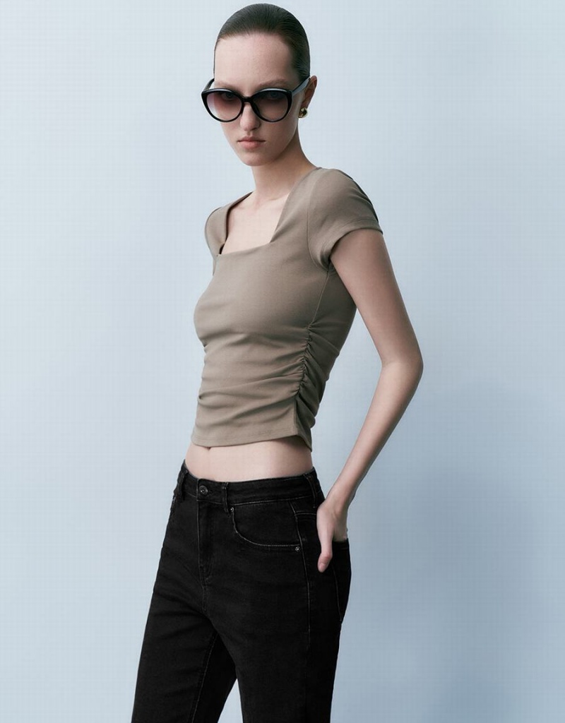 Khaki Brown Women's Urban Revivo Square-Cut Collar Skinny Knitted T Shirts | XSV6974GH