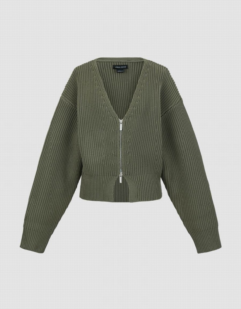 Khaki Green Women's Urban Revivo Zipper Front V-Neck Knitted Cardigan | PKC7018IU