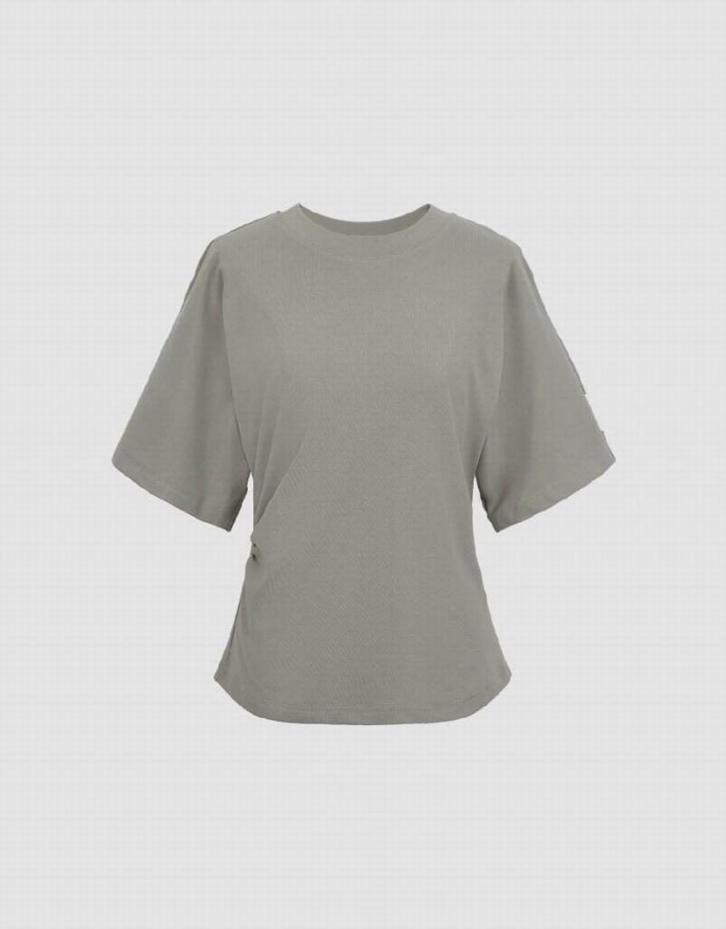 Khaki Grey Women's Urban Revivo Crew Neck Skinny T Shirts | EHJ1382JP