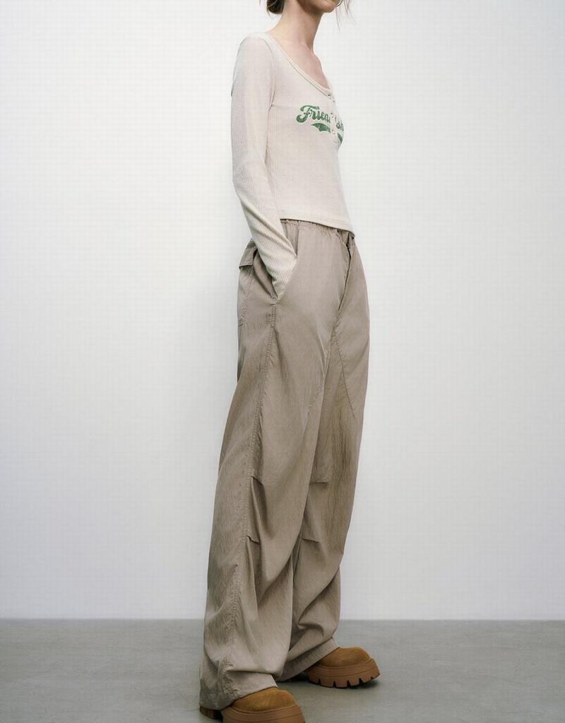 Khaki Grey Women's Urban Revivo Drawstring Waist Wide-Leg Pants | BRL3790CW