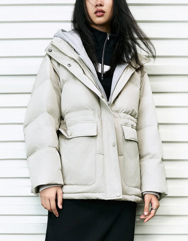 Khaki Grey Women's Urban Revivo Hooded Straight Down Jackets | NTQ6644BA