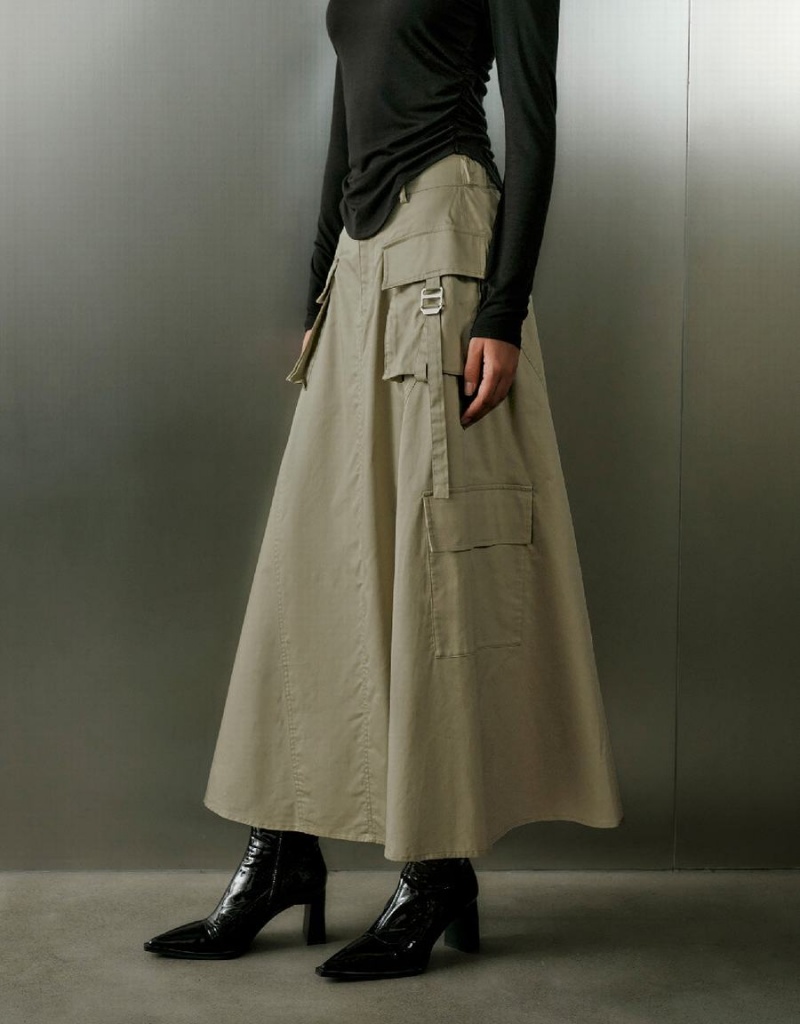 Khaki Grey Women's Urban Revivo Utilities Straight Skirts | QCG3392RQ