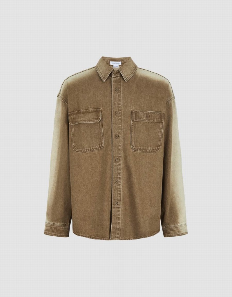 Khaki Men's Urban Revivo Button Up Denim Shirts | LQE4926CG