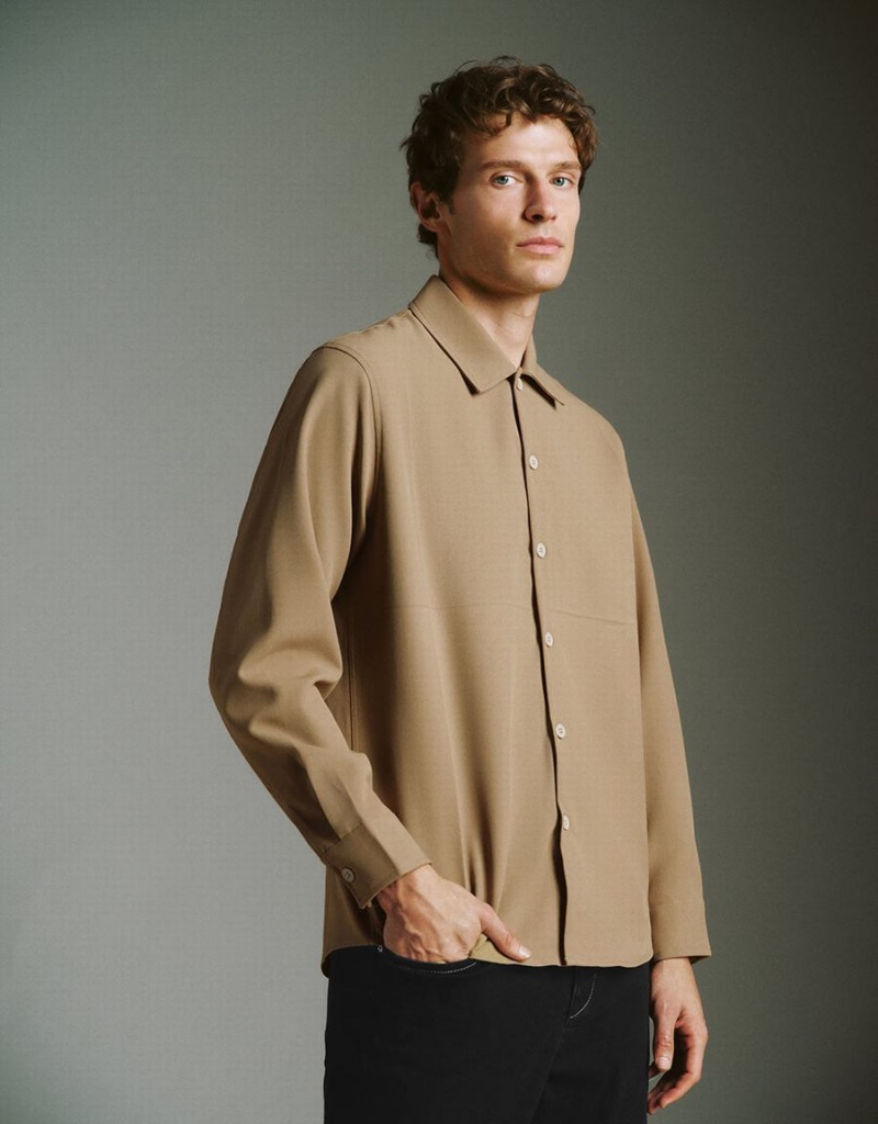 Khaki Men's Urban Revivo Button Up Straight Jackets | UEZ2926AV