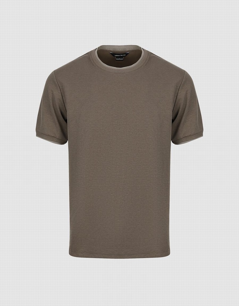 Khaki Men's Urban Revivo Crew Neck Straight T Shirts | IFA559ET