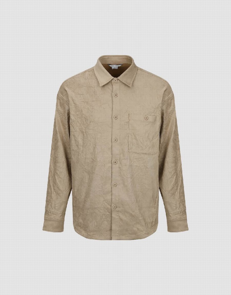 Khaki Men's Urban Revivo Crumpled Effect Loose Shirts | KNL8710HS