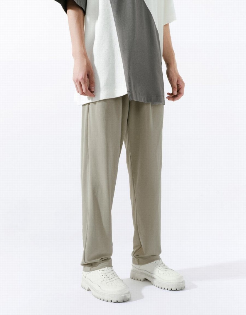 Khaki Men's Urban Revivo Drawstring Waist Knitted Straight Pants | AVJ3918PE