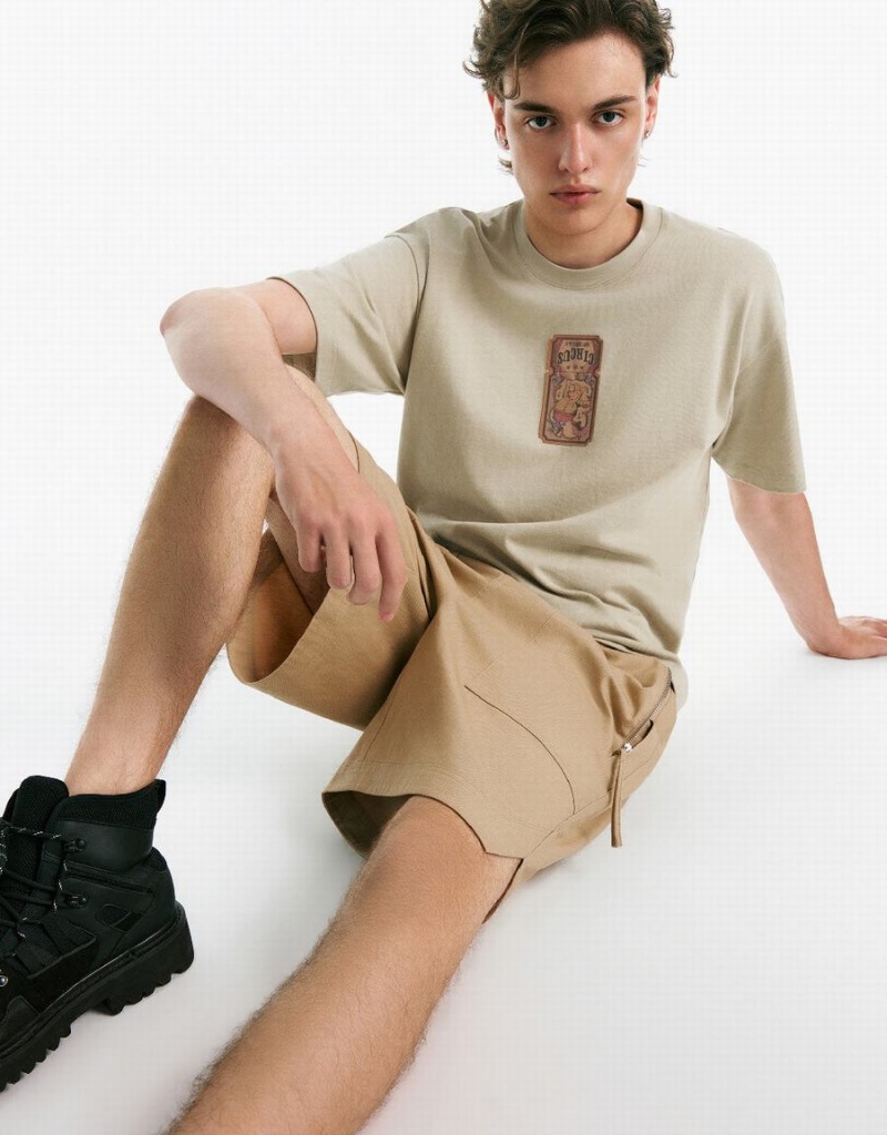 Khaki Men's Urban Revivo Drop Shoulder Sleeve Crew Neck T Shirts | OIO3616YA