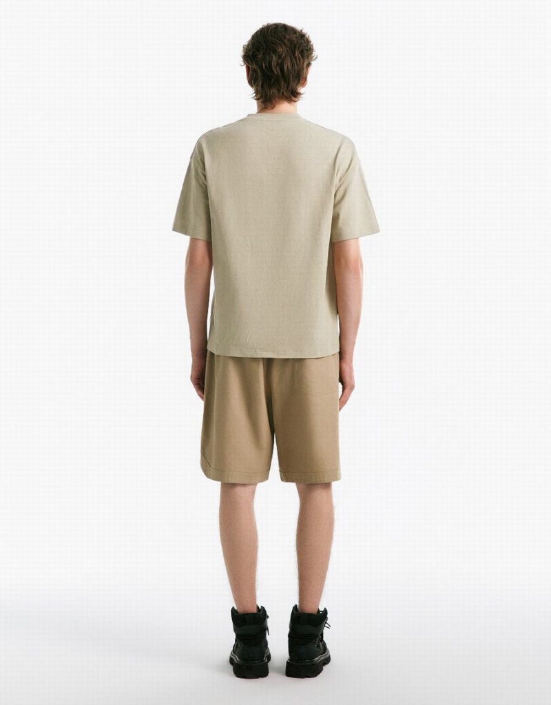 Khaki Men's Urban Revivo Drop Shoulder Sleeve Crew Neck T Shirts | OIO3616YA