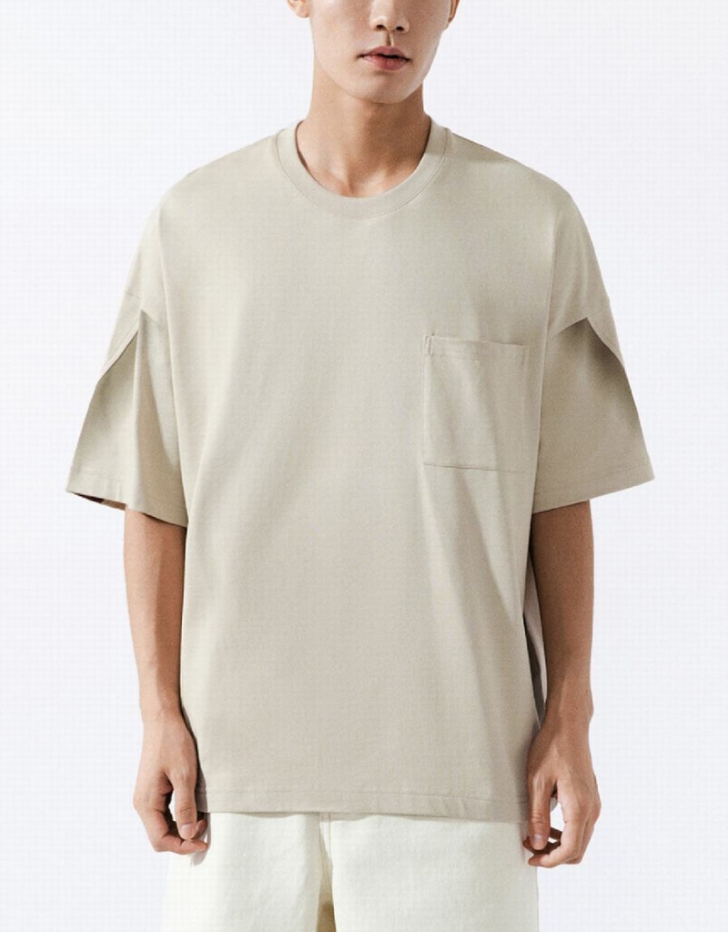 Khaki Men's Urban Revivo Drop Shoulder Sleeve Crew Neck T Shirts | UGN7773IE