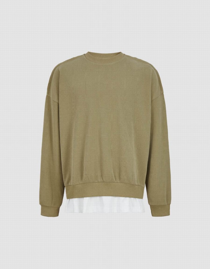 Khaki Men's Urban Revivo Drop Shoulder Sleeve Crew Neck Sweatshirts | WES4279UU