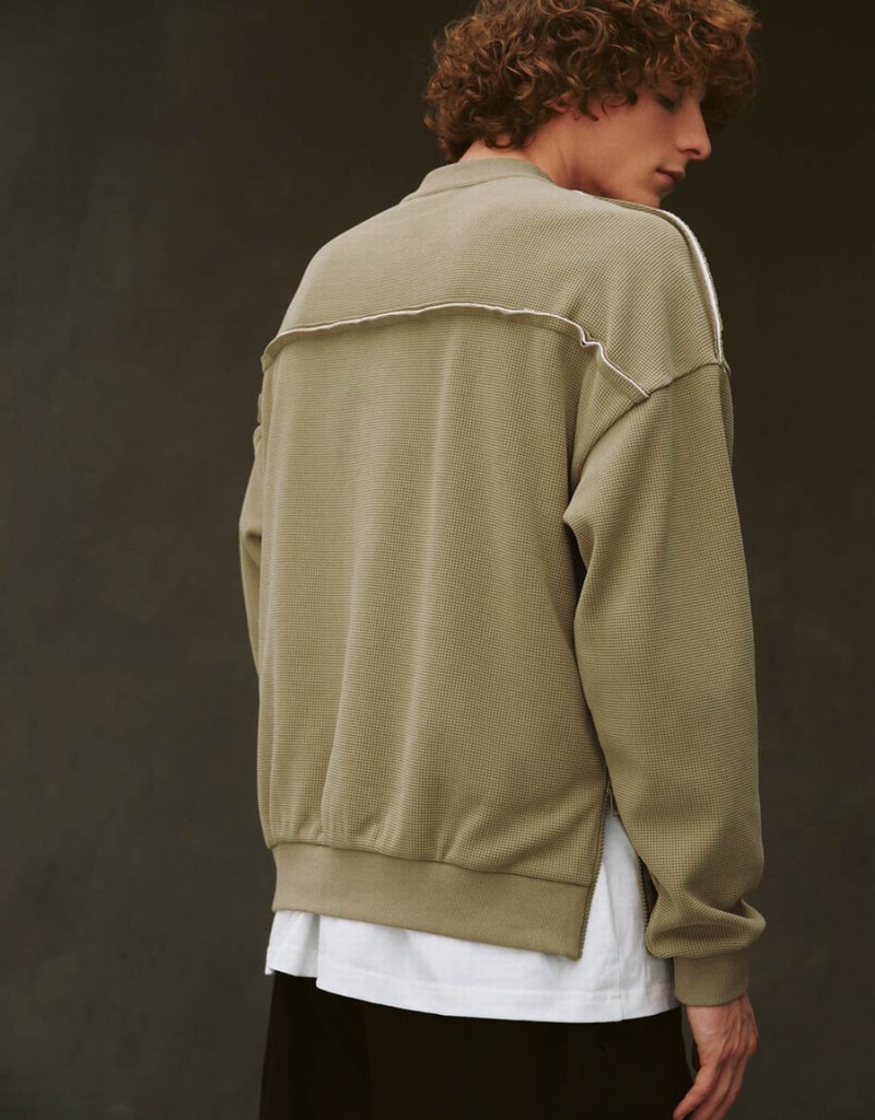 Khaki Men's Urban Revivo Drop Shoulder Sleeve Crew Neck Sweatshirts | WES4279UU