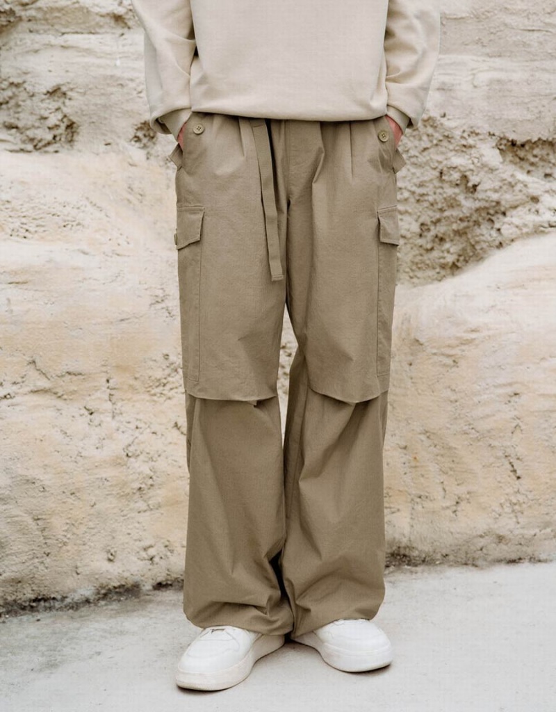 Khaki Men's Urban Revivo Elastic Waist Jogger With Belt Pants | KJR42100RL