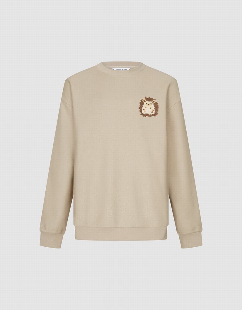 Khaki Men's Urban Revivo Hedgehog Embroidered Crew Neck Sweatshirts | RFD289GO