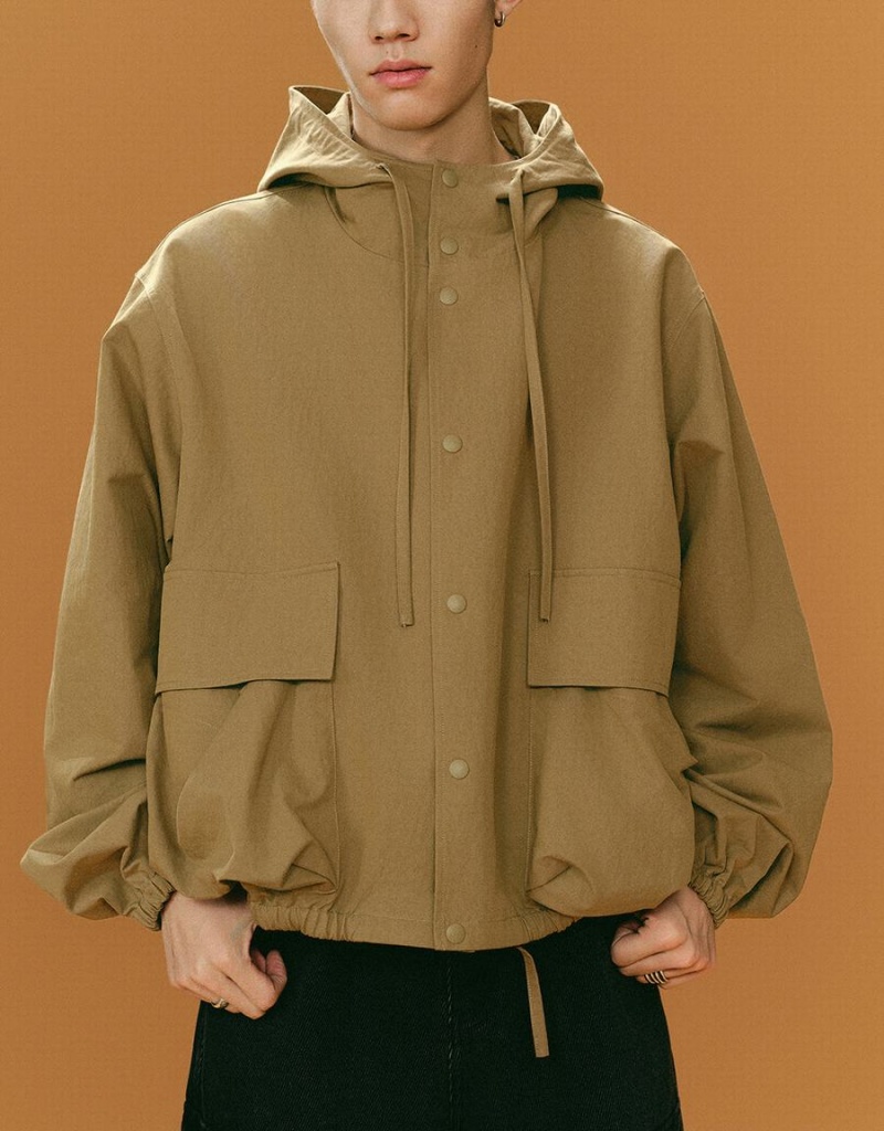 Khaki Men's Urban Revivo Hooded Oversized Jackets | MEH86QC