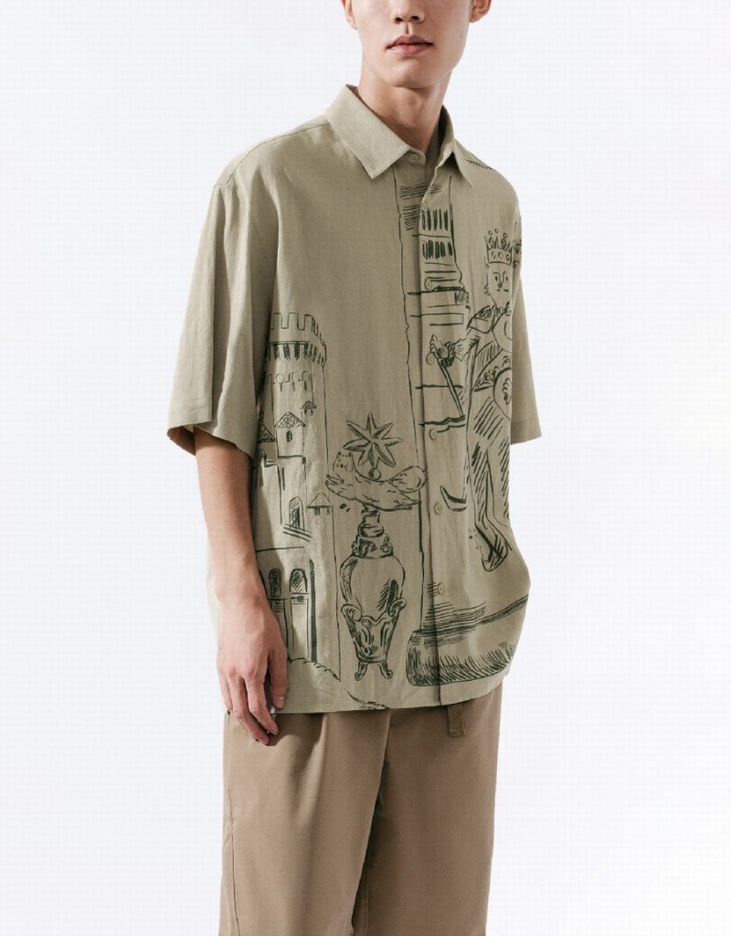 Khaki Men's Urban Revivo Leisure Shirts | YPW6940JJ