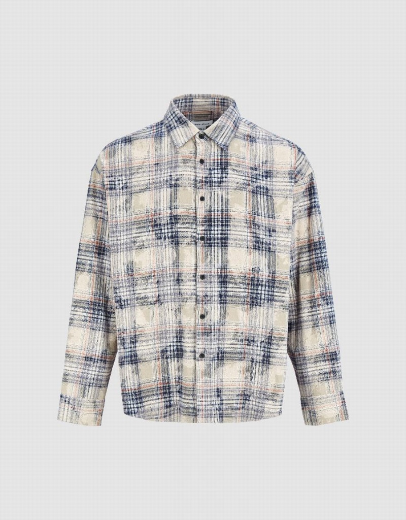 Khaki Men's Urban Revivo Plaid Oversized Shirts | SCP552JT