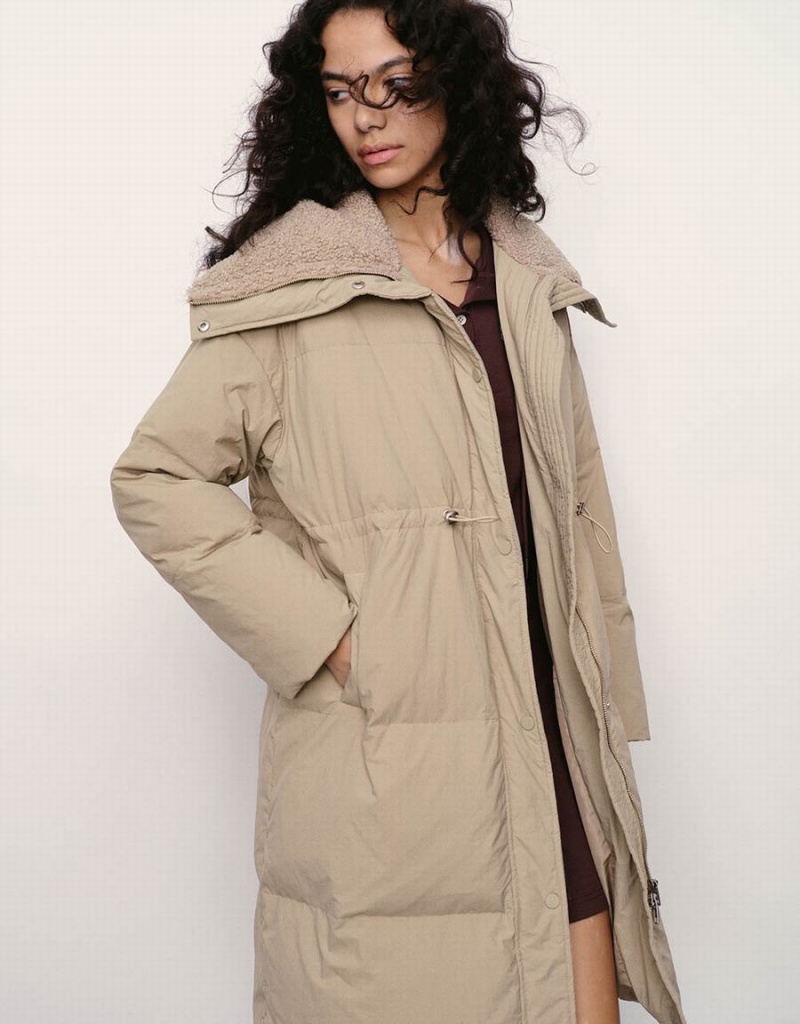 Khaki Women's Urban Revivo A-Line Puffer Jacket | TAP3544HR