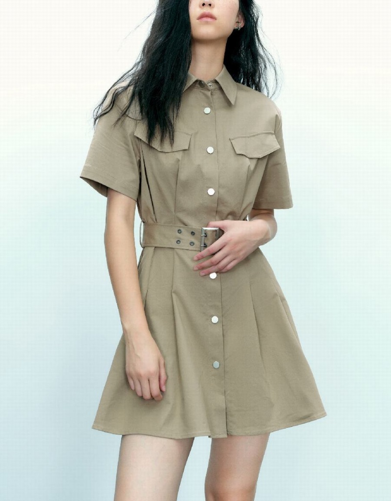 Khaki Women's Urban Revivo A-Line With Belt Dress | YRR3822UQ