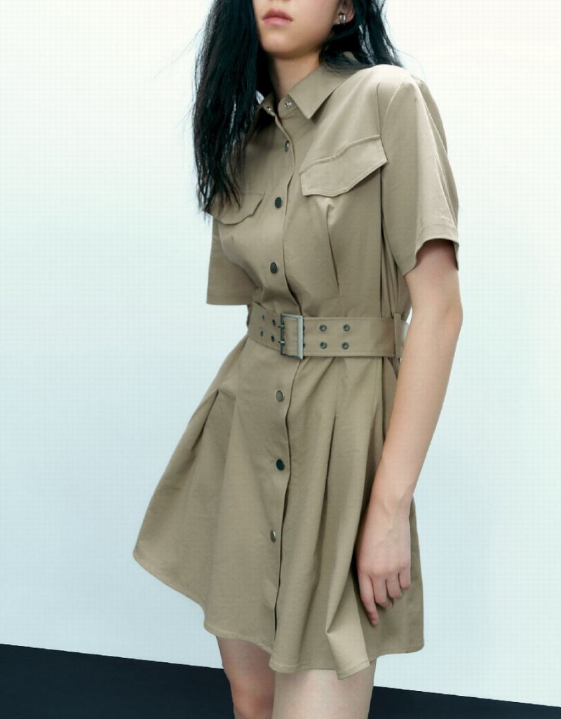 Khaki Women's Urban Revivo A-Line With Belt Dress | YRR3822UQ