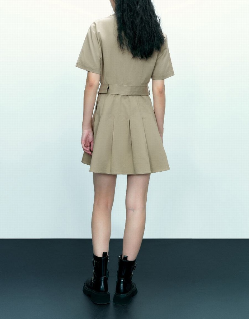 Khaki Women's Urban Revivo A-Line With Belt Dress | YRR3822UQ