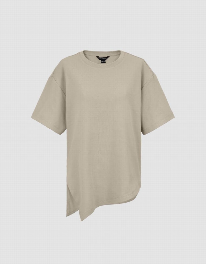 Khaki Women's Urban Revivo Asymmetric Hem Crew Neck Knitted T Shirts | LAR1799NR