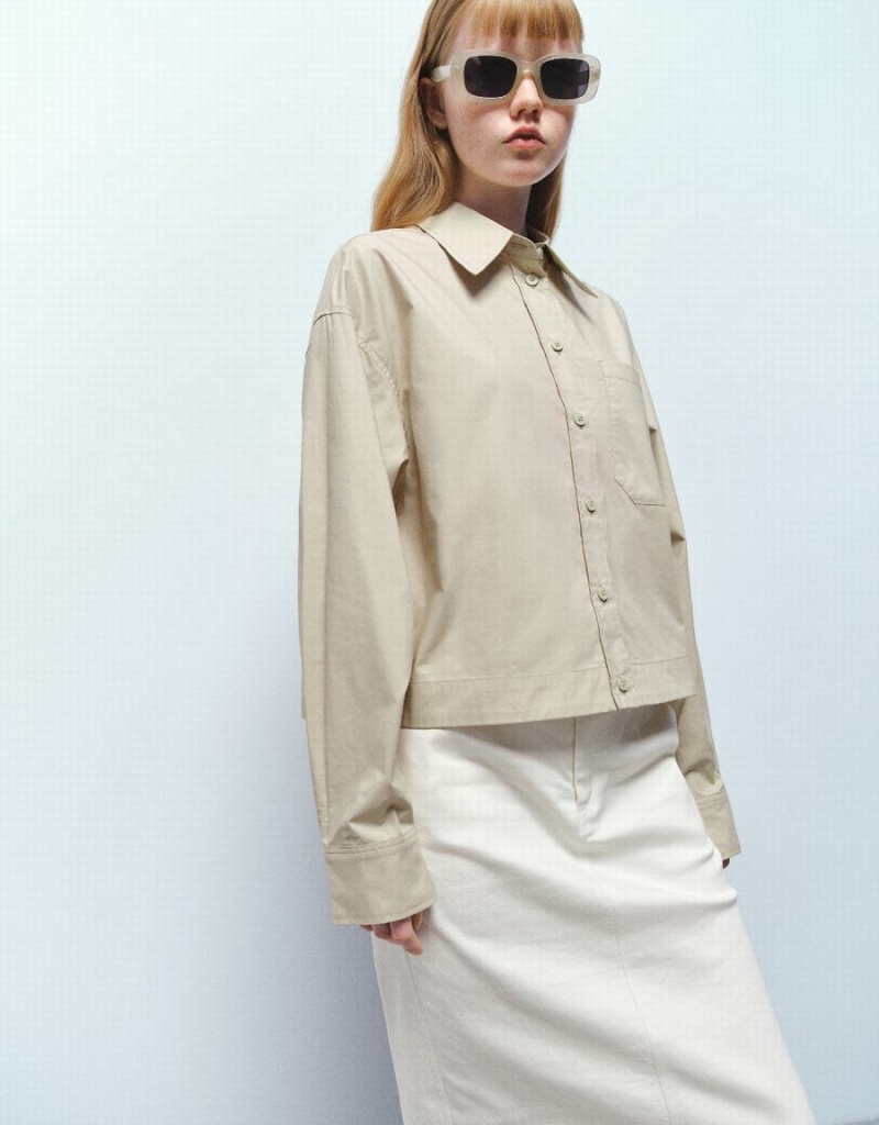 Khaki Women's Urban Revivo Button Up Straight Shirts | OMU642FD