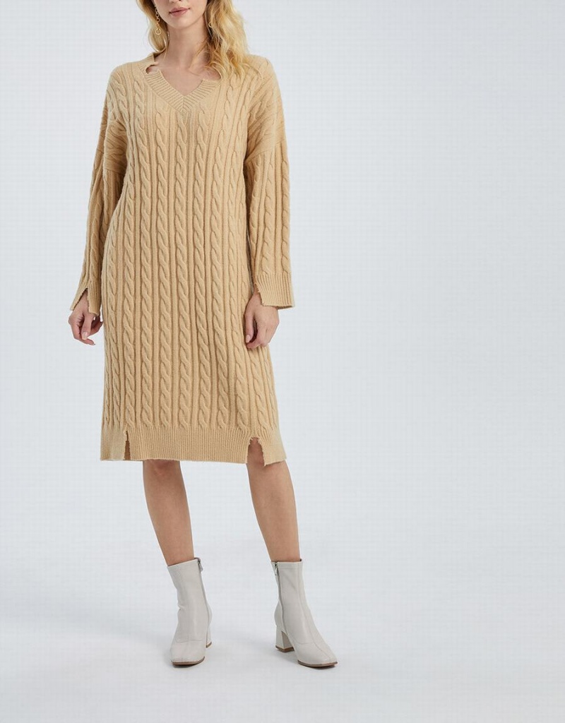 Khaki Women's Urban Revivo Drop Shoulder Cable Knit Dress | NVR5873CI