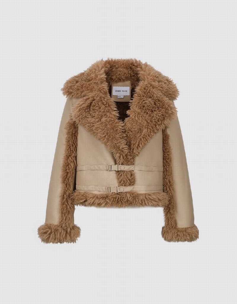 Khaki Women's Urban Revivo Furry Straight Jackets | ISN6391ZR