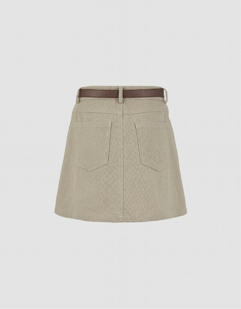 Khaki Women's Urban Revivo Mini A-Line Denim With Belt Skirts | KXN1721ZW